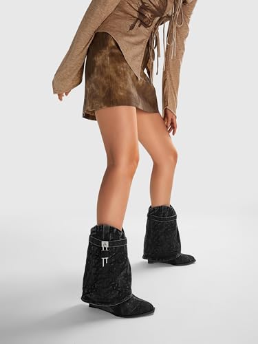 Embroidered Fold Over Over Wide Calf Wedge Pull-On Pointed Toe Western Cowgirl Floral Printing Booties for Women4