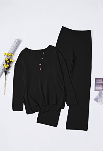 Pink Queen Women's 2 Piece Knit Sweatsuit Oversized Loose Pullover Sweater Top And Wide Leg Pants Outfit Set Black L #TOP6