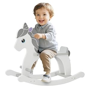 FUNLIO Wooden Rocking Horse Ages 1-3, Charming Pony Baby Rocking Horse with Long Seat & Backrest, Easy to Assemble Toddler Ride on Toys, CPC & CE Certified – Gray