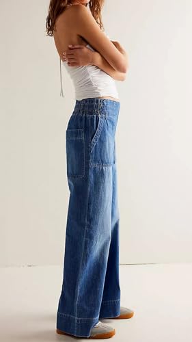 loveimgs Women Western Flare Wide Leg Jeans Denim Pants Mid Rise Elastic Waist Patchwork Cargo Jeans Sweatpants Pockets4