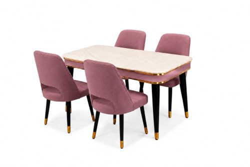 Image of WOODEN SPACE 4 Seater Wooden Dining Table Set | Urban Marble Top Dining Table with Chairs for Dining Room & Kitchen (Modern Vintage Pink) (54 x 36 x 30 inch)