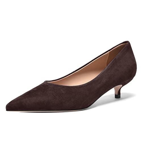 FOGEENA Womens Wedding Pointed Toe Slip On Dress Suede Leather Kitten Low Heel Pumps Shoes 1.5 Inch
