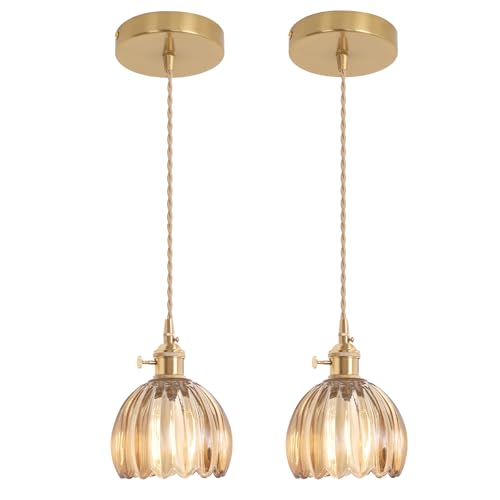 Image of Shenmoyl Pendant Light 2 Pack with Amber Tulip Glass Lmapshade, Brass Vintage Pendant Light Adjustable Hanging Light for Kitchen Island Dining Room Hallway