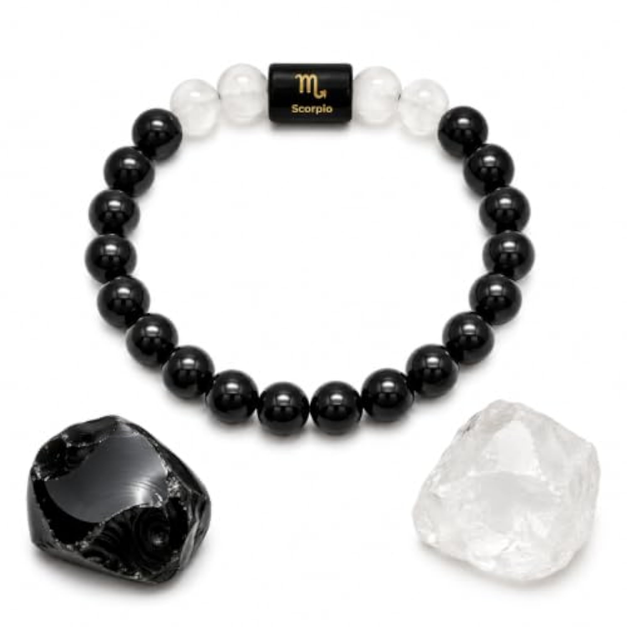 Scorpio Zodiac Bracelet Black Obsidian & Milky Quartz Beads