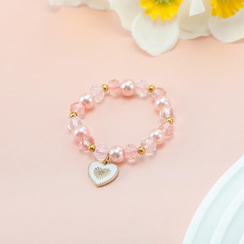 Fullrainbow Personalized Flower Girl Proposal Bracelet,Initial Gifts Heart Charm, Wedding Gift Set,Pink Pearl Crystal Beaded with Gold Accents,2