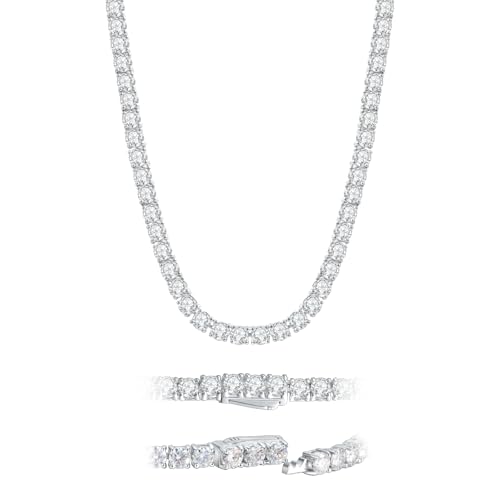 ReyFolop Womens Necklaces Moissanite Tennis Necklaces for Women | 18k White Gold Men Necklaces | 925 Sterling Silver Necklaces for Women Gifts | 3-5mm Moissanite Size 14-22 Inch (3MM 16INMEF)