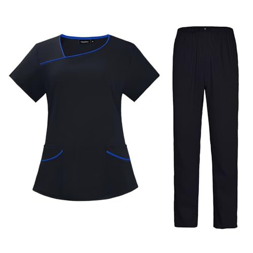 Meichoon Conjunto médico Top de escote irregular con 4 bolsillos Pantalones de yoga sueltos transpirables Suaves para la piel DK54Negro L