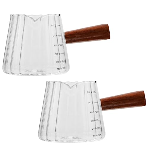 2 Pack Espresso Cups with Wood Handle - Spout Glass Measuring Cup with Dual Scale - V-Shaped Mouth Espresso Shot Glass - Clear Glass Espresso Accessories - 6 oz Milk Frothing Pitcher