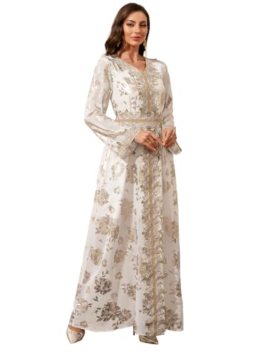 Image of Abaya for Women Floral Embroidered Muslim Dress V-Neck Arabian Maxi Robe