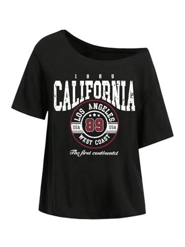Women's Off The Shoulder Tops Preppy Letter Graphic Tees Summer Casual Short Sleeve Tshirts