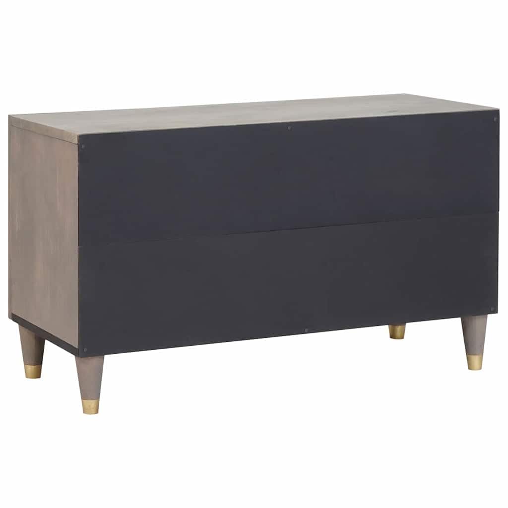 Mangloder - Mobile TV basso, in legno di mango massiccio, grigio, 80 x 33 x 46 cm, con mensola, pomelli in ottone e design serigrafato dorato, per soggiorno, home theater e gaming