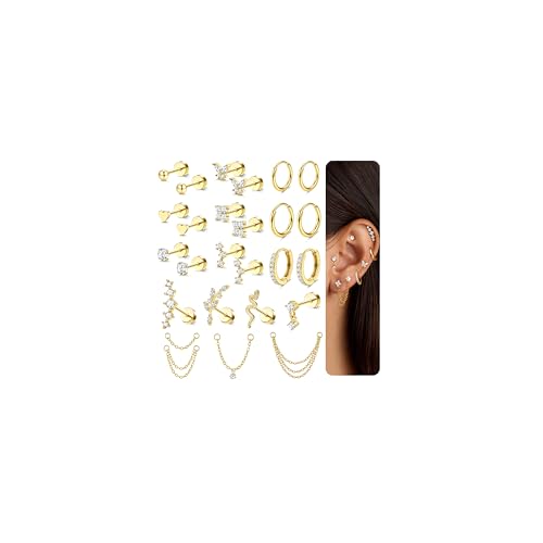 Chriscoco 22Pcs Boucles d'oreilles Femme Acier Inoxydable Piercing Oreille Hypoallergénique Creoles Plaqué Or 14K Boucles d'oreilles Argent Piercing Helix...