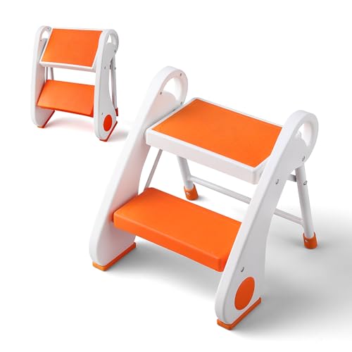 Toddler Step Stool – Foldable 2-Step Stool with Non-Slip Rubber Feet & Platform, Safety Lock, 300lbs Capacity, Lightweight for Potty Training, Bathroom Sink, Kitchen, Orange
