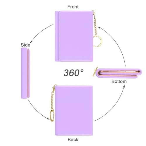 Small Slim RFID Card Wallets for Women, Trifold Leather Card Wallet Organizer, Cute Front Pocket Wallets with 7 Card Slots & ID Window, Purple4