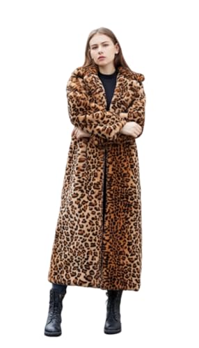 Women's Faux Fur Full Length Leopard Overcoat Warm Soft Coat Outwear Jacket Topcoat