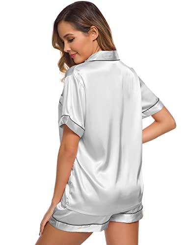 Image of SWOMOG Womens Silk Satin Pajamas Set Short Sleeve Sleepwear Button Down Top and Shorts Loungewear 2 Piece Pjs Set XS-3XL