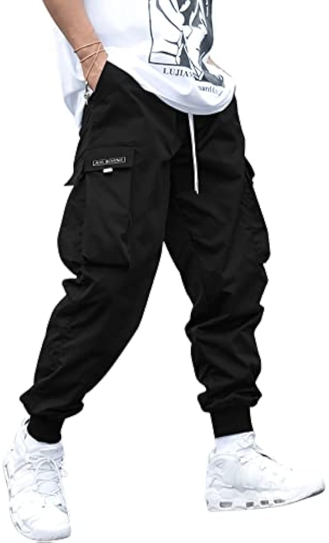 Romwe Men's Flap Pocket Drawstring Elastic Waist Letter Graphic Street Cargo Pants