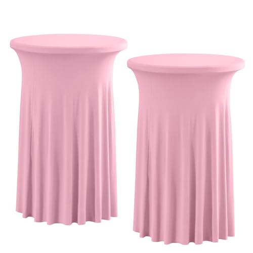 Rakila 2 Pack Round 43 x 24 Inch Spandex Cocktail Tablecloth with Wavy Skirt Pink Fitted Stretch Table Cover for Bar Wedding Party
