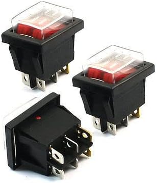 Rocker Switch SPST 6 Pin Indicator with Cover | 3-pack SPST rocker switches, red LED, 6-pin, ON-OFF, with covers. Size: 1.4x1.1x1.6 in. Mounting: 1.2x0.8 in.