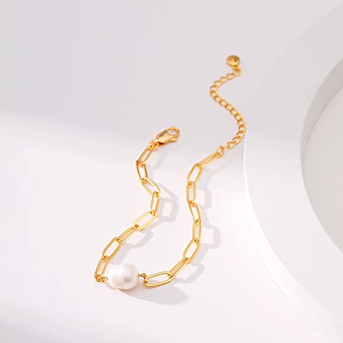 Dainty Paperclip Pearl Bracelets 18 Gold Plated Single Pearl Bracelet Paper Clip Bracelet For Women Teen Girls, Adjustable, Handmade Bracelet #TOP3