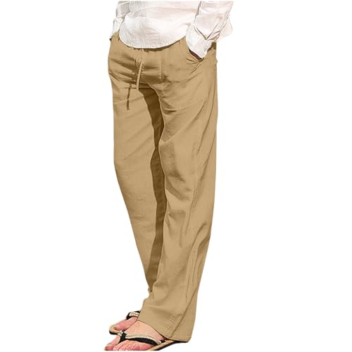 Calça masculina de linho casual de verão lisa casual cintura elástica com cordão para ioga com bolso