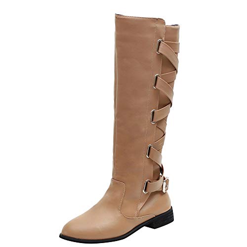 LIM&Shop Knee High Boot Chunky Block Heel Retro Lace Up Western Shoes Suede