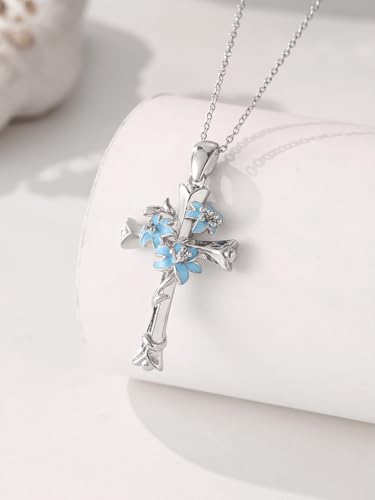 Cross Necklace Blue Lily Flower Pendant Necklace Faith Christian Jewelry Gifts for Women Wife Mom Grandma2