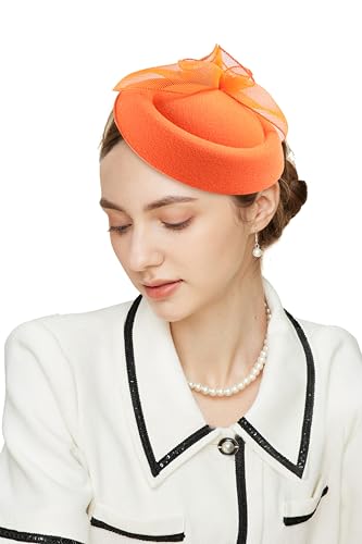 Gionforsy Fascinators Hats Pillbox Tea Party Fascinator Hats for Women Feather Veil Hat Headband for Cocktail Wedding (US Alpha One Size Orange)