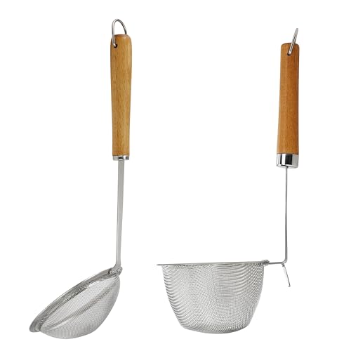 EIKS Stainless Steel Skimmer Spoon & Small Size Hot Pot Strainers with Wooden Handle and Cleaning Brushes for Filtering Straining Cooking Baking