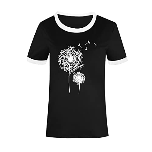 Tops for Teen Girls Dandelion Print Short Sleeve Trimmed T Shirt Graphic Casual Fashion Loose Fit Tee2