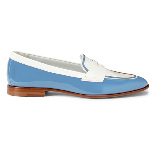Image of Women Patent Slip On Loafer Flats Two Tone Round Toe Flat Heel Penny Loafers Casual 1 inch Low Heel Loafer Dress Shoes Oxford Comfort Chic Colorblock Office Ladies 4-11 M US