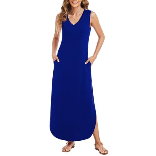 Arolina Maxi Dress for Women Tropical Summer V Neck Sleeveless Split Long Beach Dresses Casual Loose Sundress with Pockets A: Royal Blue XX-Large