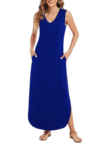 Image of Arolina Maxi Dress for Women Tropical Summer V Neck Sleeveless Split Long Beach Dresses Casual Loose Sundress with Pockets