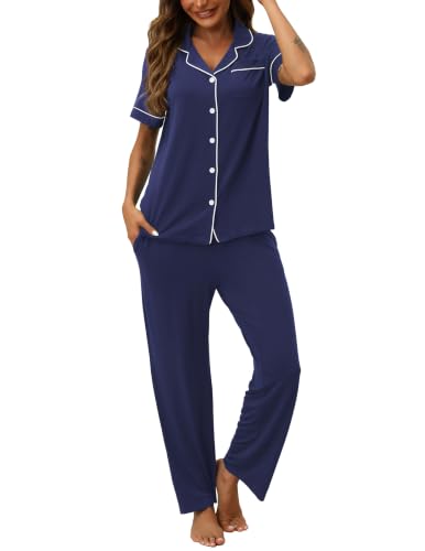 Image of HNG Women Pajamas Set 2 Piece Button Up Pajamas Pant and Short Sleeve Shirt for Woman Pj Sets with Pocket