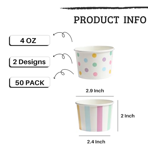 Image of Winoo Design Small Ice Cream Cups Disposable - 50 PK - Paper Ice Cream Cups 4 oz Mini Sundae Bowls Treat Cups Containers (2 Assorted Designs 4oz Cups)