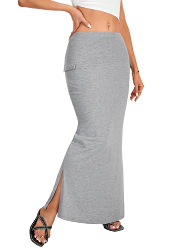 Rooscier Women's Side Split Hem Elastic High Waisted Bodycon Maxi Skirts with Pockets
