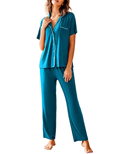 Avidlove Women Pajamas Set Notch Collar Soft Sleepwear Pjs Short Sleeve Button Down Nightwear With Long Pants Peacock Blue #TOP23