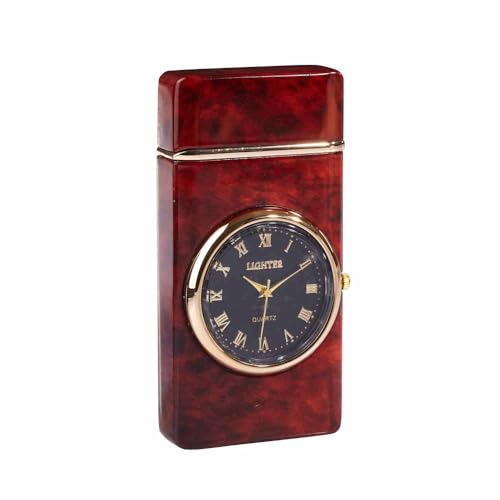 EUROtops Plasma-Feuerzeug mit Uhr und LED-Licht, windfeste Lichtbogen-Zündung, USB-Akku, Metallgehäuse in Wurzelholz-Optik