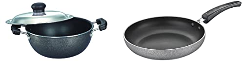 Image of Prestige Aluminium Omega Select Plus Non-Stick Flat Base Kadhai with Lid, 20cm, 2.2 Liters, Black & Prestige Aluminium Omega Select Plus IB Non-Stick Fry Pan, 20 cm, Multicolour, Medium