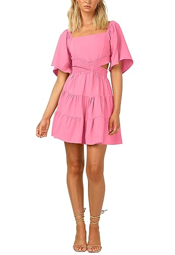 Image of OWNGIGI Women's Summer Dresses Square Neck Short Sleeve Cutout Crossover Elastic Waist Casual Party A-Line Mini Dress