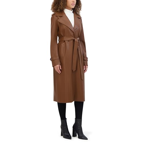 Kenneth Cole Women's Faux Leather Belted Duster with Whip Stitch Detail & Notched Collar2