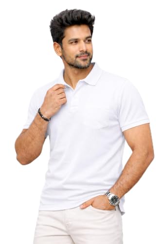 Image of Premium Pique Cotton Pocket Polo T-Shirt for Men | 210-220 GSM | Regular Fit | 2-Button Placket | Soft Breathable Fabric | XS-3XL