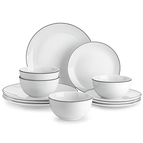 Image of MALACASA 12 Pieces Gourmet Porcelain Dinnerware Sets, Modern White with Black Rim Dish Set for 4, Premium Serving Plates and Bowls Sets, Chip and Scratch Resistant Dishware Sets, Series AMELIA