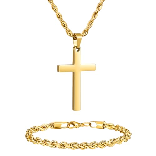 NORBU Stainless Steel Cross Necklace and Bracelet Set for Men, Rope Link Chains 18