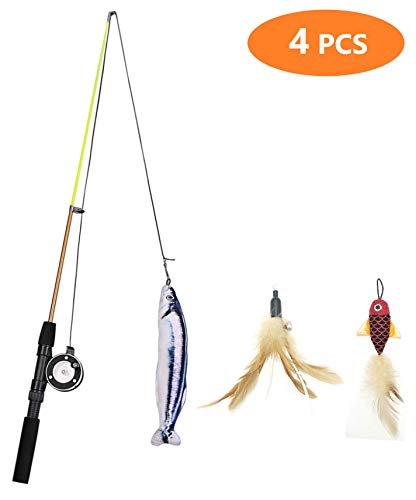 PetIsay 4 Piezas Cat Kitten Toys Varita Teaser RetráCtil y Carrete Giratorio, Pez Gato, Juguete Interactivo Divertido de Plumas de Gato