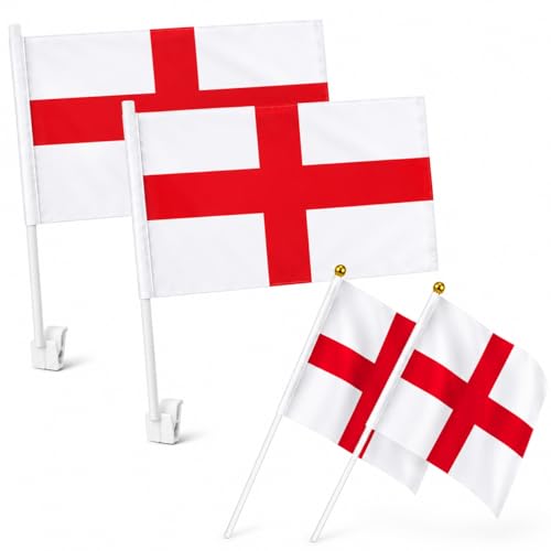 England Flag Set 4 Pack 2 Car Flags & 2 Handheld Flags St George Cross Football Supporter Bundle for Match Day World Cup & Sporting Events