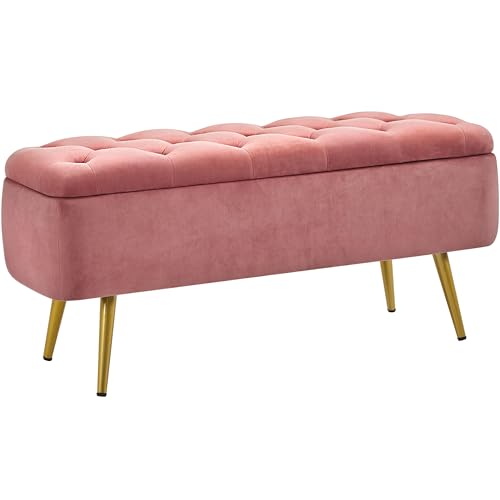 Yaheetech Ottoman with Storage Velvet Entryway Bench with Safety Hinge Upholstered Bench with Seating for Bedroom Living Room Holds up to 519 lb Pink