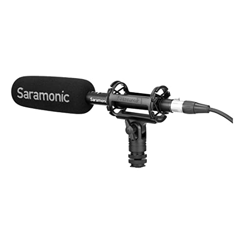 Saramonic Microfone espingarda supercardioide profissional com +48v e alimentação AA, suporte de choque, para-brisas e XLR (SOUNDBIRDV1)