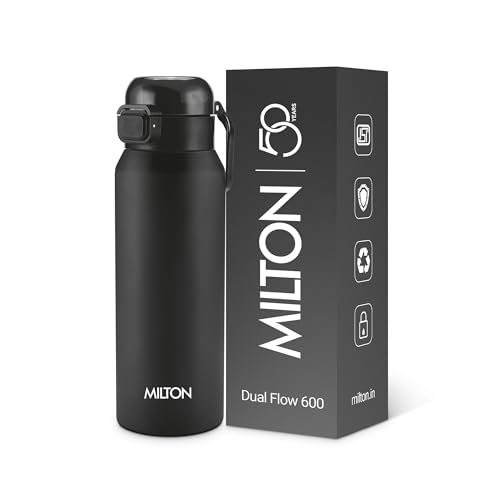 Image of Milton Dual Flow 600 Thermosteel Water Bottle 595 ml with One Touch Safety Lock & Twin Lid Sip or Gulp,Long Hours Hot & Cold,Leak Proof,ISI Certified,Vacuum Insulated,for Office,Gym,School,Black