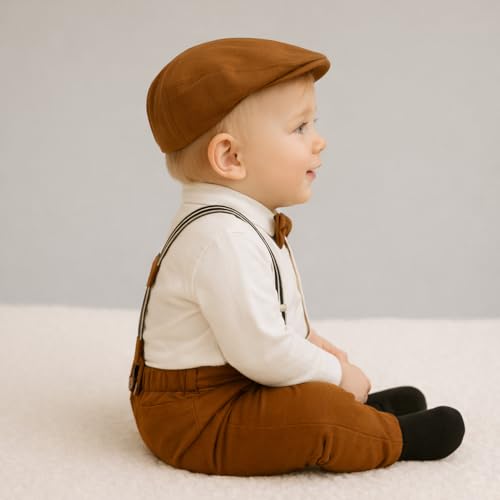 Image of Baby Boy Formal Outfit Set with Suspenders, Bow Tie & Newsboy Cap - Toddler Gentleman Dress Clothes for Birthday Party, Cake Smash, Wedding & Photoshoot
